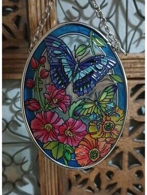AMIA Glass Suncatcher Hand Crafted Butterflies Flower Garden Denver, Co NEW